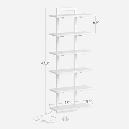 6 Tier Wall Shelf Unit with LED Light, White Floating Shelf, Vertical Display Shelf, Wall Decor for Bedroom, Living Room, Vanity, 15" W x 5.9" D x 43.3" H