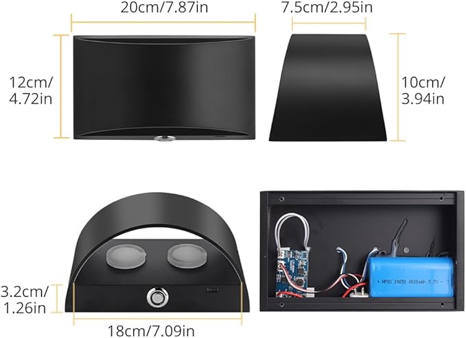 LED Wall Sconce Battery Operated, Modern Aluminum Wall Mount Light Rechargeable, Touch Control Dimmable Wall Lamp Black, Up Down Wall Lights Indoor for Living Room Bedroom Hallway Stair, Warm White