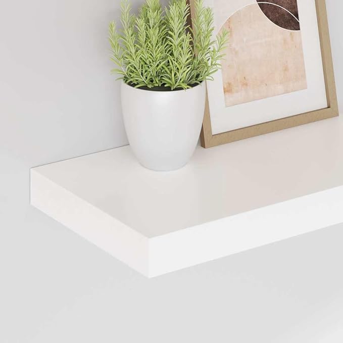 Modern Floating Wall Shelf Set of 2, High Gloss White Honeycomb MDF with Metal Frame, Invisible Mounting System for Easy Installation, Sturdy Storage and Display Solution