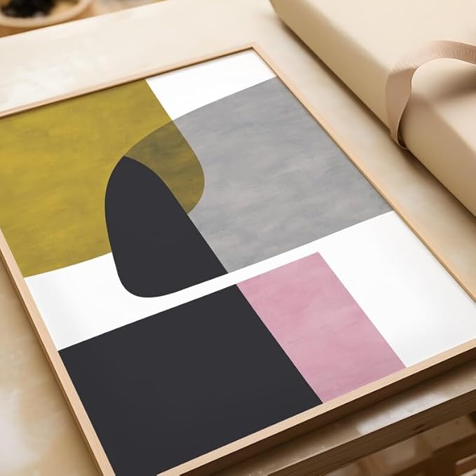 Nationcog Modern Mustard Yellow Black Pink Minimalist Art, Mid-Century Contemporary Wall Decor, Large Abstract Home Accent, Handmade Gift Design (Unframed) (27x40)