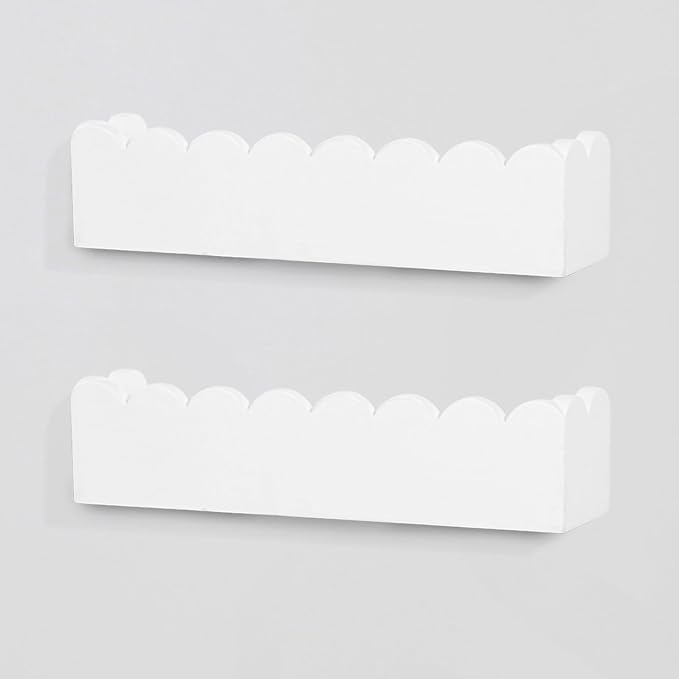 Wood Floating Shelves for Wall,Nursery Bookshelf,Kids Book Shelf,Baby Toys Storage Decor Organizer Wall Mounted for Living Room Bedroom,Wavy Edge,Preassembled,2 Pack,Scalloped Pine(White)