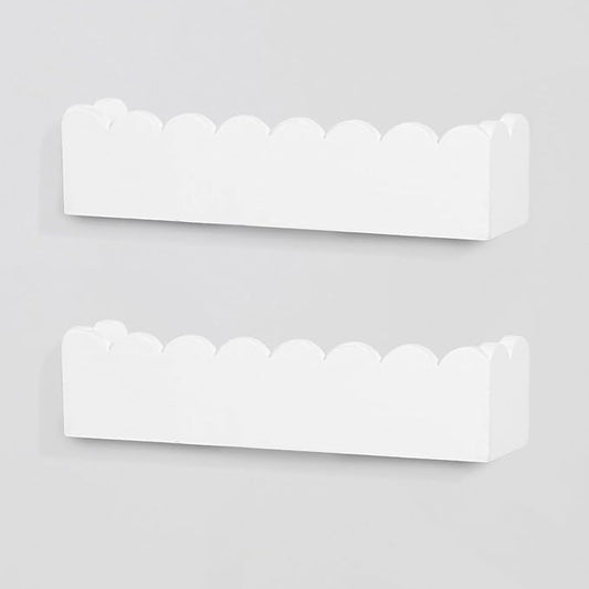 Wood Floating Shelves for Wall,Nursery Bookshelf,Kids Book Shelf,Baby Toys Storage Decor Organizer Wall Mounted for Living Room Bedroom,Wavy Edge,Preassembled,2 Pack,Scalloped Pine(White)