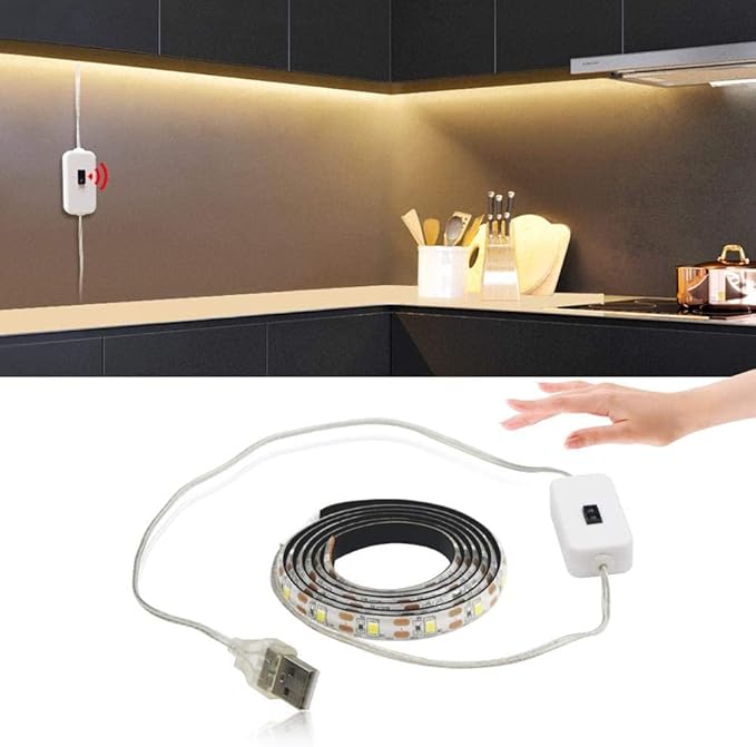 LED USB Under Cabinet Lights with Hand Wave,Under Counter Lighting, Under Desk Light Bar, Hand Wave Activated, Plug and Play,Soft Strip Light for Kitchen,Shelf,Cupboard,Closet (White, 5m)