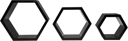 DD DEFINED DECO Set of 3 Pine Wood Hexagon Shelves for Wall Decor,Wall Mounted Floating Shelves,Farmhouse Honeycomb Living Room,Hanging Rustic Shelf Racks Bedroom,Nursery, Black, (B2C230007-3SET)