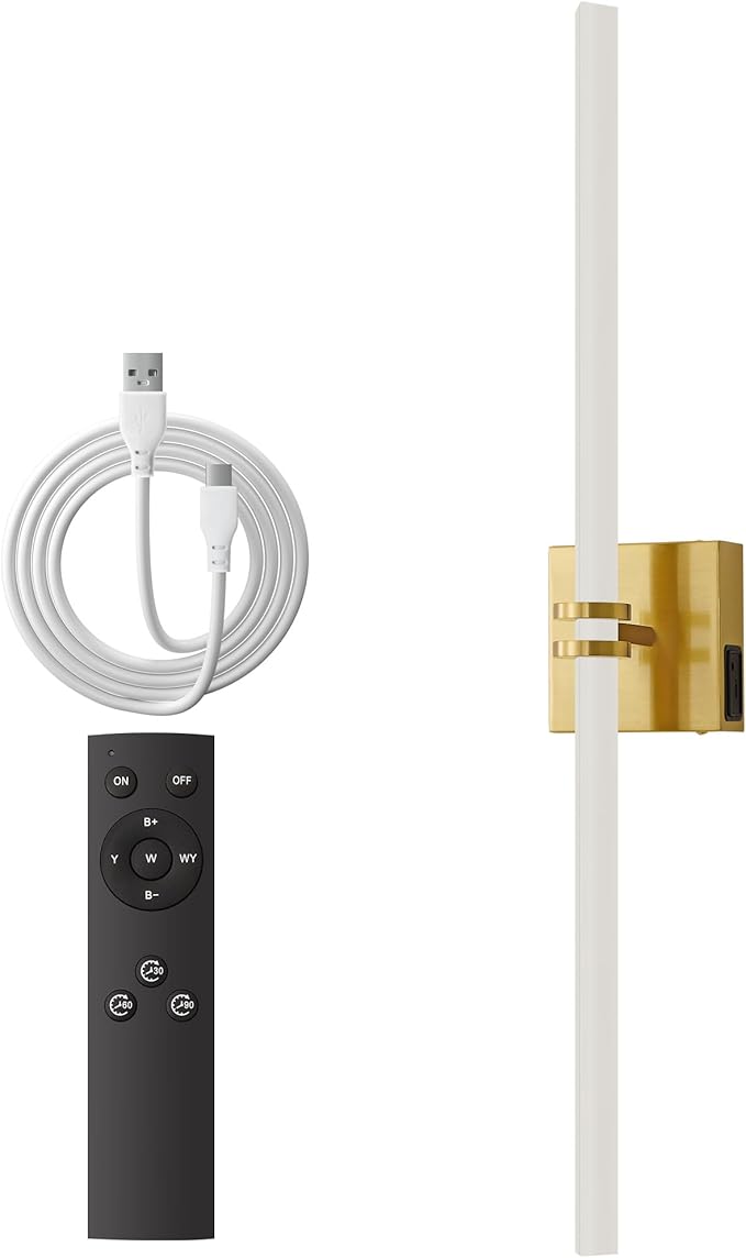 Battery Operated Wall Sconce 1Pack, Gold Rechargeable Wall Lights with Dimmable Remote Control, 30 Inch 3000K-6000K LED Wireless Wall Lamps for Bedroom, Hallway, Background Wall