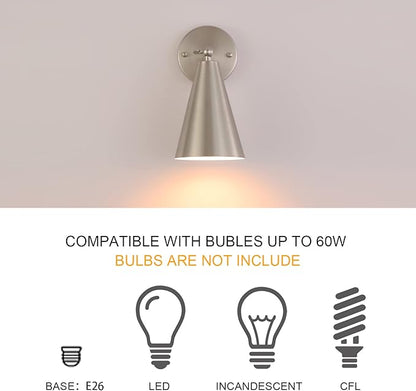 MWZ Brushed Nickel Wall Sconce Set of Two, Modern Sconces Wall Lighting Fixtures with Silver Metal Shade, Indoor Wall Mount Swing Arm Lamp for Bedroom,Bedside,Bar,Kitchen,Hallway