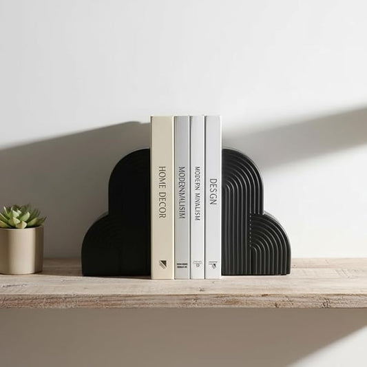 6.6‘’ Decorative Resin Book Ends for Shelves - Modern Bookends for Heavy Books - Minimalist Book Stopper for Aesthetic Home Office Bookshelf Decor - Stylish Gifts for Book Lovers (Black)