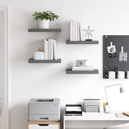 Set of 4 High Gloss Grey Honeycomb MDF and Metal Floating Wall Shelves, Modern Display Storage for Books and Decor with Easy Installation