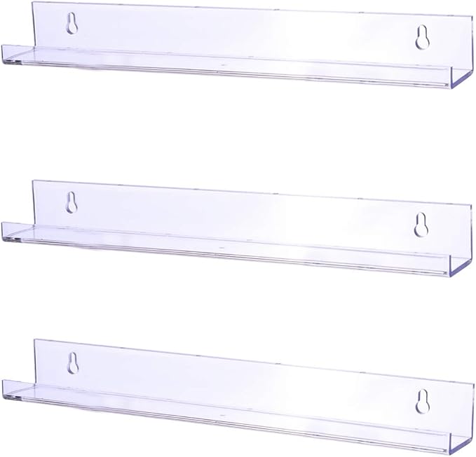 Sooyee 3 Pack 15 Inch Acrylic Invisible Kids Floating Book Shelves for Kids Room,Modern Picture Ledge Display Shelf Toy Storage Wall Shelves,Clear