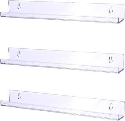 Sooyee 3 Pack 15 Inch Acrylic Invisible Kids Floating Book Shelves for Kids Room,Modern Picture Ledge Display Shelf Toy Storage Wall Shelves,Clear
