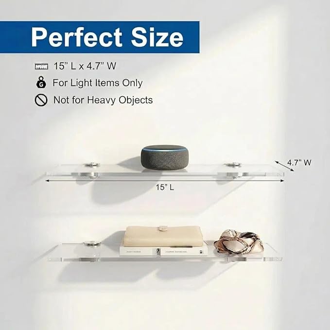 iobiotio Small Floating Shelves, 15'' Shelves for Wall, Decorative Floating Shelves for Home Office, Wall Mounted Rack, Clear, 2 Pcs
