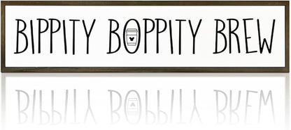 Coffee Wood Sign, Cute Coffees Decoration, Country Farmhouse Decor for Home Kitchen, Wooden Hanging Signs, Rustic Coffee Station Decor, Coffees Lover Gift, Bippity Boppity Brew Sign, 17.8x4x1.2 inches