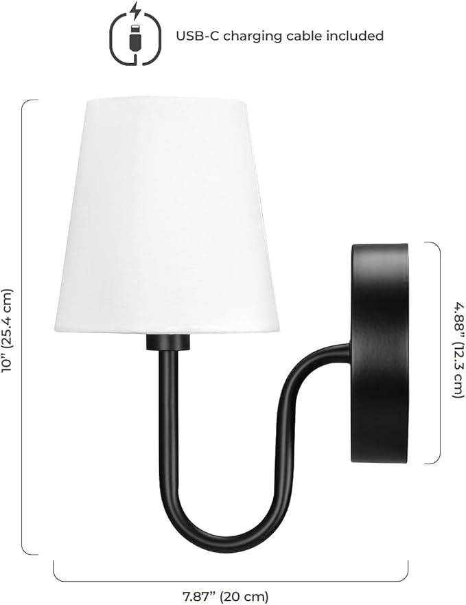 Globe Electric 65000132 Rechargeable Battery Wall Sconce, Integrated LED, Matte Black Finish, White Fabric Shade, 3-Step Touch Dimming, Timer, USB-C Charging, Wireless Modern Lighting