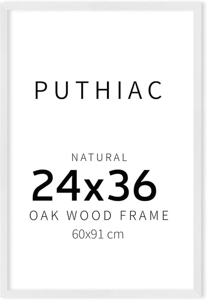 puthiac 24x36 Solid Oak Wood Picture Frame, No Mat, Wall Display Only, Vertical or Horizontal, Plexi Front, 1 Pack, White