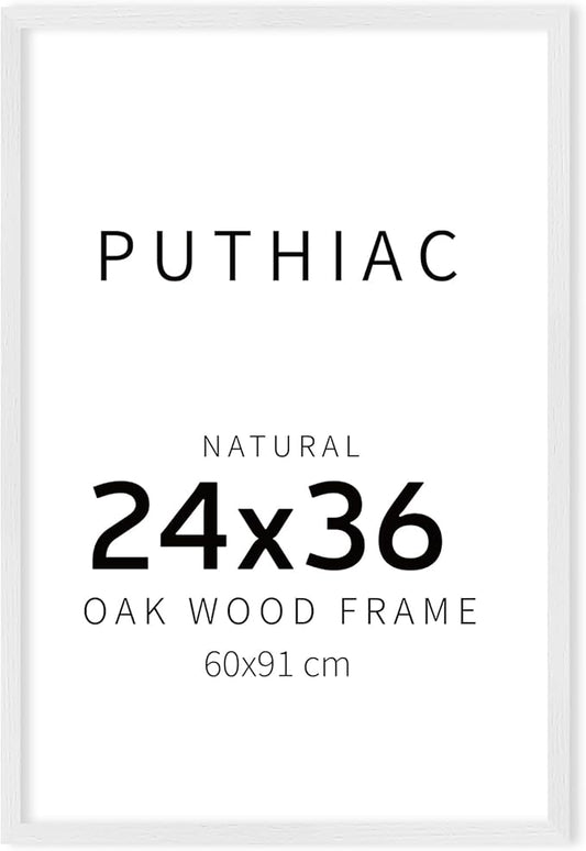 puthiac 24x36 Solid Oak Wood Picture Frame, No Mat, Wall Display Only, Vertical or Horizontal, Plexi Front, 1 Pack, White