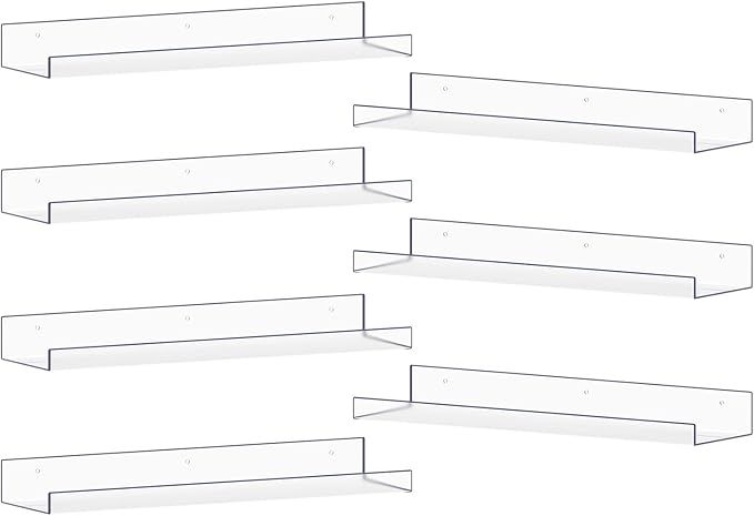 MEBRUDY Clear Acrylic Shelves Pack of 7, 15 inch Floating Wall Shelf for Bookshelves, Bathroom, Bedroom, Living Room, Kitchen Storage, Organization
