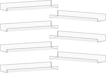 MEBRUDY Clear Acrylic Shelves Pack of 7, 15 inch Floating Wall Shelf for Bookshelves, Bathroom, Bedroom, Living Room, Kitchen Storage, Organization