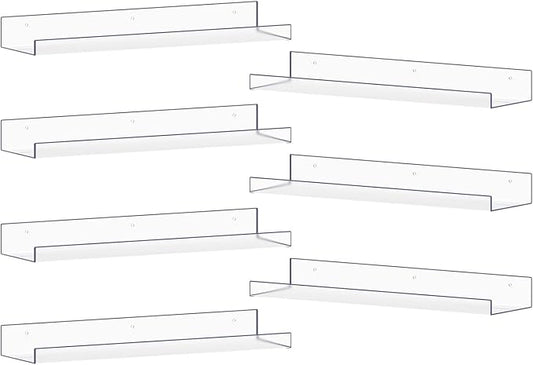 MEBRUDY Clear Acrylic Shelves Pack of 7, 15 inch Floating Wall Shelf for Bookshelves, Bathroom, Bedroom, Living Room, Kitchen Storage, Organization