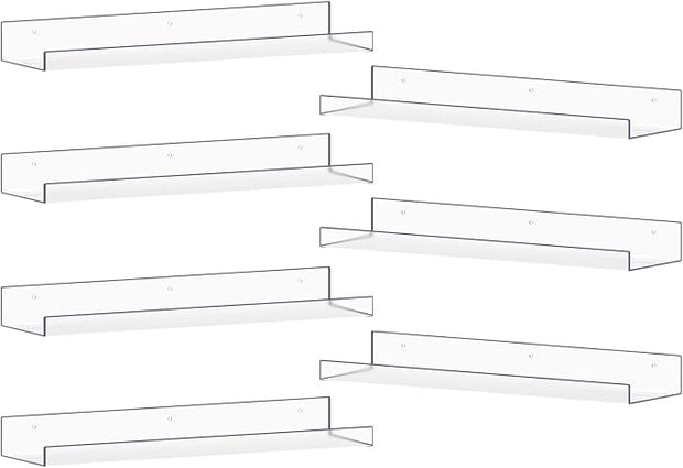 MEBRUDY Clear Acrylic Shelves Pack of 7, 15 inch Floating Wall Shelf for Bookshelves, Bathroom, Bedroom, Living Room, Kitchen Storage, Organization