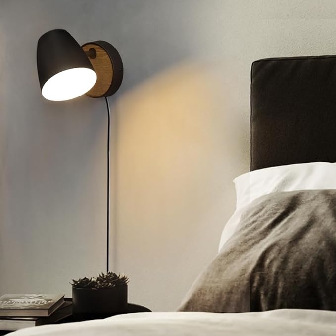 Plug in Wall Sconce Black,Bedside Wall Lamps with Switch,Modern Wood Wall Light for Bedroom with 180°Rotation Metal Shade,Indoor E26 Wall Lamp for Living Room,Dining Room,Hallway,Stairway,Wall Decor