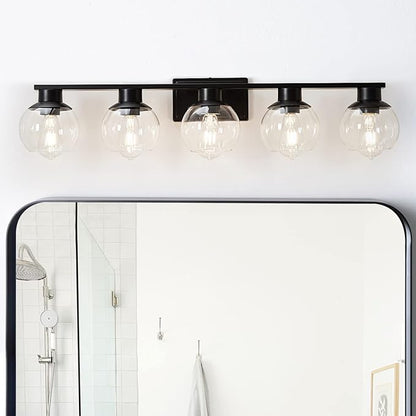 5-Lights Black Bathroom Vanity Lights, Modern Bathroom Lighting Fixtures with Globe Glass Shade, 37in Matte Black Wall lamp for Bath Over Mirror Kitchen Cabinet Bedroom Hallway Living Room Farmhouse