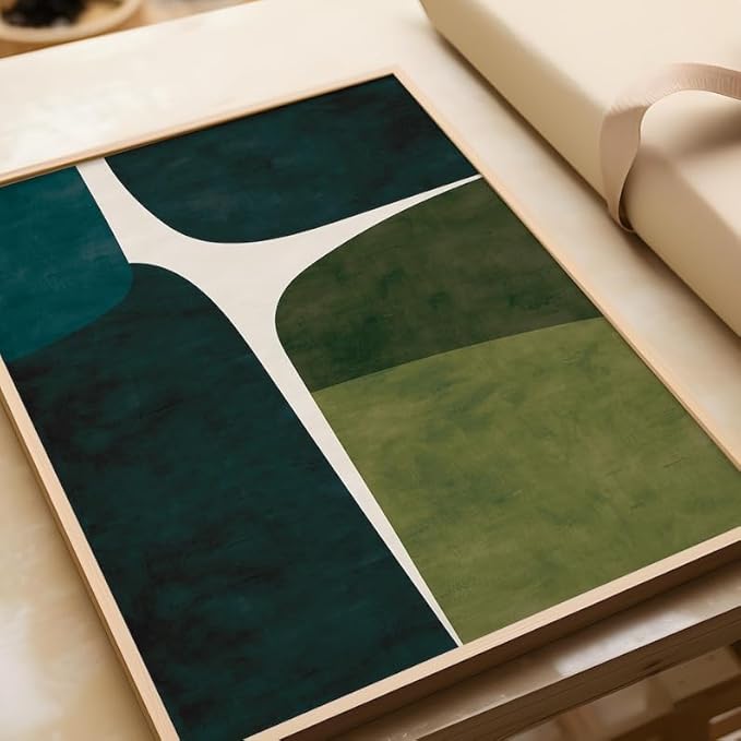 Nationcog Modern Green Beige Minimalist Art, Mid-Century Contemporary Wall Decor, Large Affordable Home Accent, Handmade Greenery Gift Idea (Unframed) (24x36)