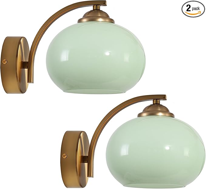 Green Glass Kitchen Sconce Light Brushed Gold Bathroom Vanity Light Vintage Hardwired Wall Sconce Set of 2 Mid Century Modern Wall Lighting