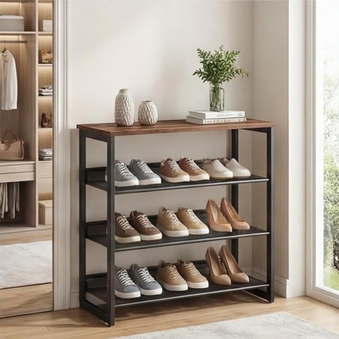 Garden 4 you Shoe Rack for Entryway 4 Tiers 11.8" D x 25" W x 28" H, Metal Shoe Rocks with Brown Wooden Tabletop, Angled Shoes Rack with Adjustable Mesh Shelves for Entryway Hallway Closet