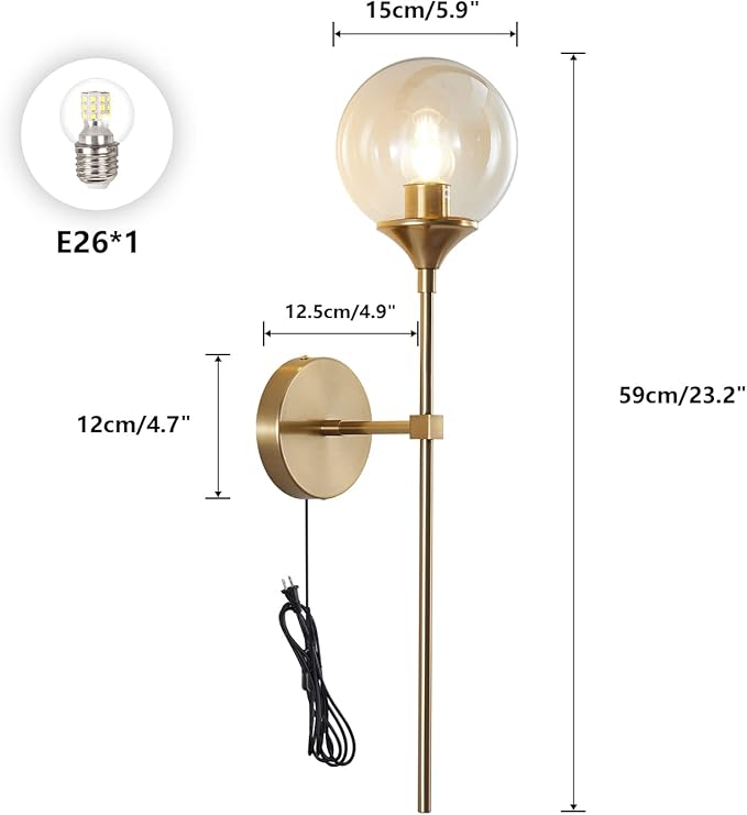 BOKT Mid Century Modern Gold Long Pole Wall Sconce Lighting Plug in Cord Minimalist Amber Glass Globe Wall Sconce Light Plug in Vintage Bathroom Bar Wall Lamp Light Fixture (Amber-Plug in)