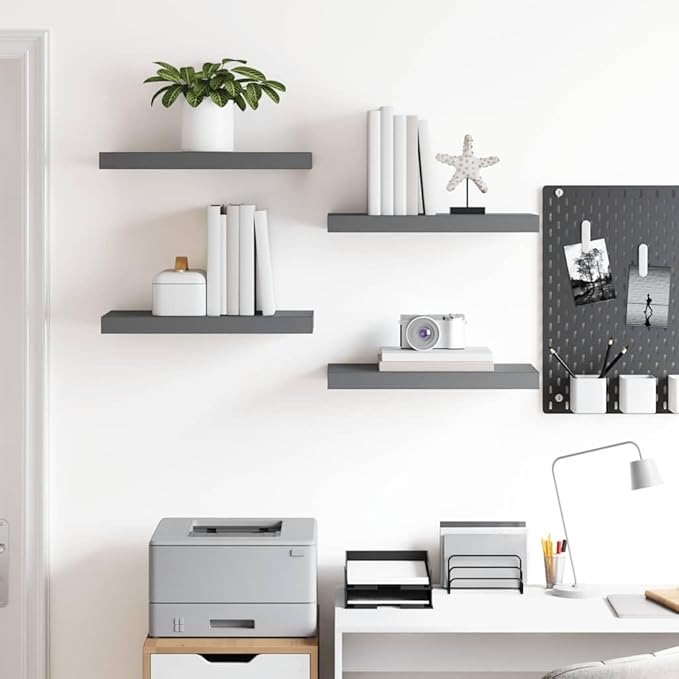 Set of 4 Glossy Grey Honeycomb Floating Wall Shelves, MDF and Metal Modern Storage, Easy Installation for Displaying Books and Decor, High-Gloss Finish, Sturdy Weight Capacity