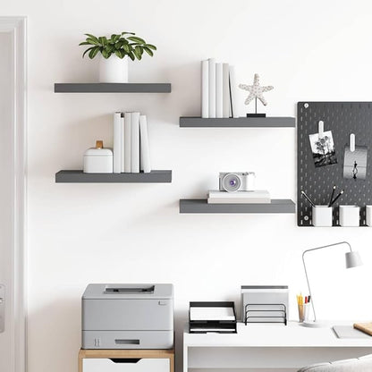 Set of 4 Glossy Grey Honeycomb MDF and Metal Floating Wall Shelves, Modern Storage with High-Gloss Finish for Living Room Bedroom Display, Easy Installation and Durable
