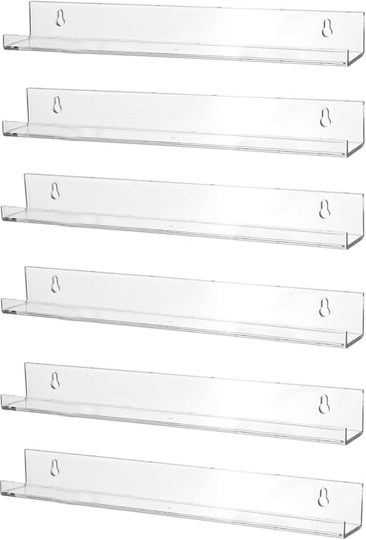 Sooyee 6 Pack Acrylic Shelves - 15 Inch Floating Bookshelf for Kids Room, Picture Ledge Shelves, Funko Pop Toy Storage - Clear