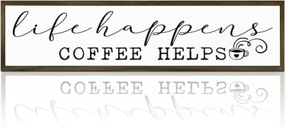 Coffee Wooden Box Sign, Country Farmhouse Decor for Home Kitchen, Coffee Station Wall Decors, Desktop Decor, Coffees Addict Gift, Life Happens Coffee Helps Sign, 17.8x4x1.2 inches