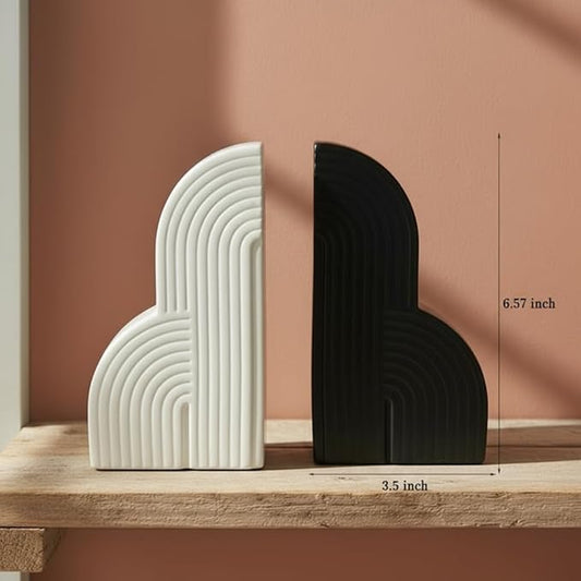 6.6‘’ Decorative Resin Book Ends for Shelves - Modern Bookends for Heavy Books - Minimalist Book Stopper for Aesthetic Home Office Bookshelf Decor - Stylish Gifts for Book Lovers (Black and White)