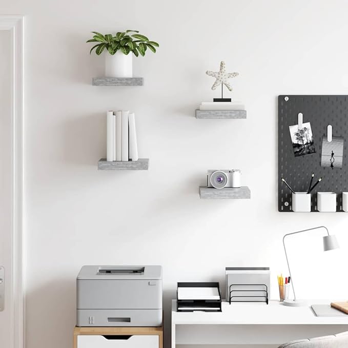 Concrete Grey Honeycomb MDF Metal Frame Wall Shelf Set of 4, Floating Shelves for Modern Home Decor, Sturdy Storage Display for Books and Art