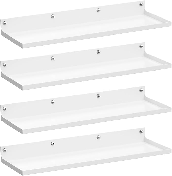 PEKGRIL 4 Pack Metal Floating Shelves, 17x6 Inch Large Wall Mounted Shelf for Storage, White Kids Bookshelf, Display Ledge Shelves with Lip for Bathroom, Bedroom, Living Room, Bathroom, Kitchen