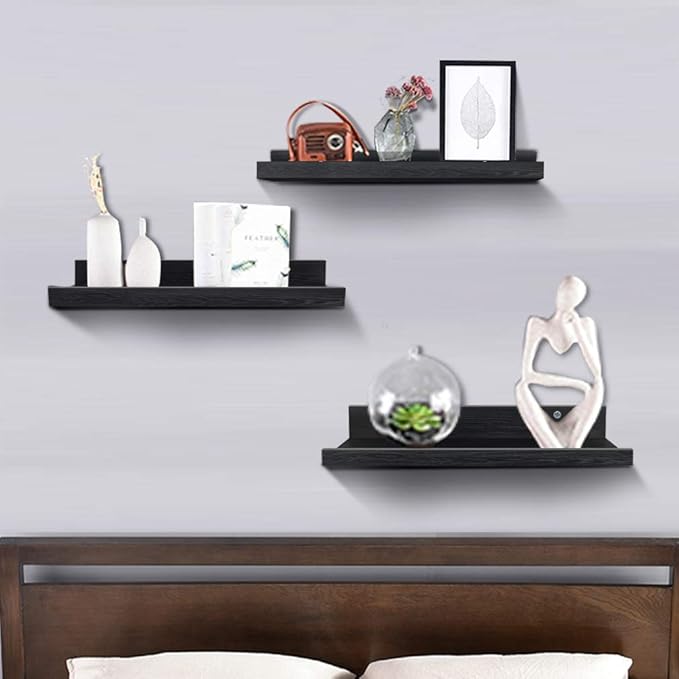 Lavezee 24 Inch Black Wall Mounted Floating Shelves Set of 3, Picture Shelving Ledge for Kitchen, Living Room, Bedroom, Office
