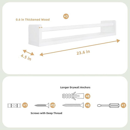 Floating Book Shelves for Wall, 23.6 inch Natural Wood Nursery Shelves for Book Storage, Solid Pine Wooden Floating Bookshelf for Bedroom Living Room, Set of 3, White