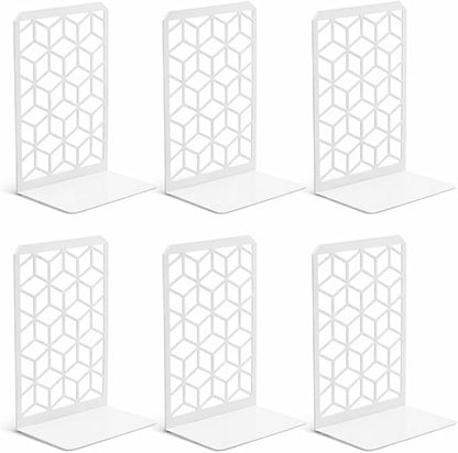 Geomod 3D Cube White Metal Bookends Decorative for Heavy Books - Sturdy Boho Book Stops - Minimal Book Shelf Stopper - Durable Office Bookends - Weighted Metal Book Holders - 7x4.75 Inches - 3 Pair