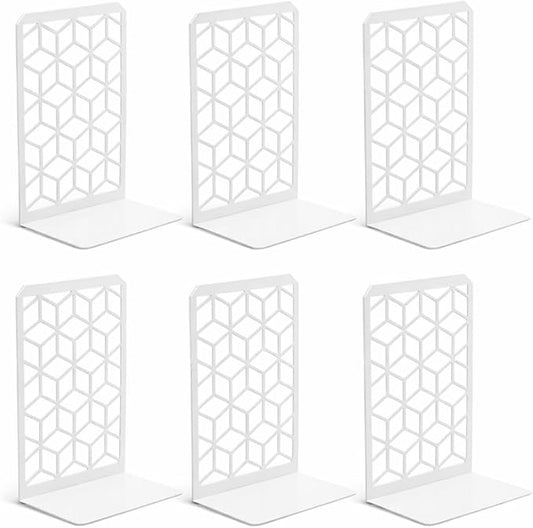 Geomod 3D Cube White Metal Bookends Decorative for Heavy Books - Sturdy Boho Book Stops - Minimal Book Shelf Stopper - Durable Office Bookends - Weighted Metal Book Holders - 7x4.75 Inches - 3 Pair