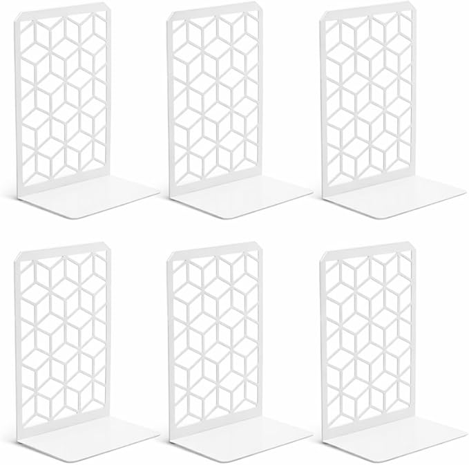 Geomod 3D Cube White Metal Bookends Decorative for Heavy Books - Sturdy Boho Book Stops - Minimal Book Shelf Stopper - Durable Office Bookends - Weighted Metal Book Holders - 7x4.75 Inches - 3 Pair