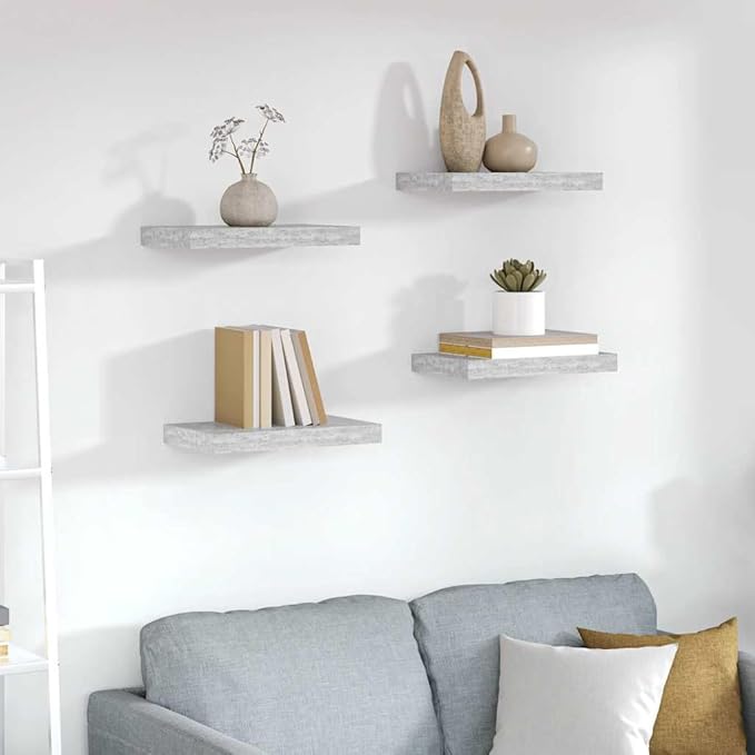 Concrete Gray Honeycomb MDF Floating Wall Shelf Set of 4 with Metal Brackets for Modern Home Office Decor and Space Saving Storage