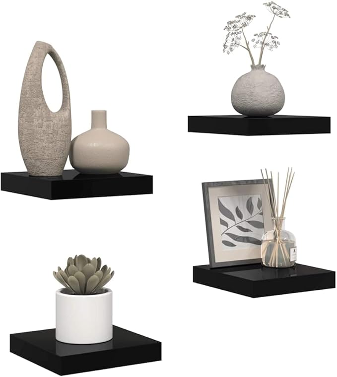 High Gloss Black Floating Wall Shelf Set of 4, Honeycomb MDF and Metal Small Shelves for Modern Home Decor, Display Organizer for Living Room Bedroom Office