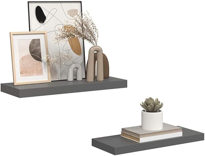 Glossy Gray Honeycomb MDF and Metal Floating Wall Shelf Set of 2, Modern Storage for Books and Decor, Sturdy Design with High-Gloss Finish