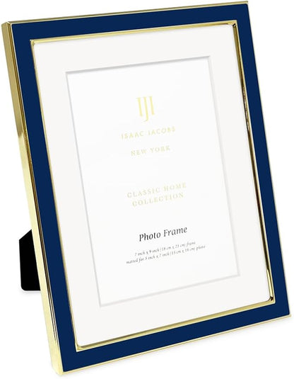 Isaac Jacobs 7x9 (Matted 5x7) Navy Enamel Picture Frame with Gold Metal Edge and Easel, Tabletop Display, Wall Décor, Photo Gallery, (7x9 (Matted 5x7), Navy with Gold)