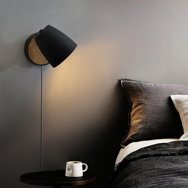 Plug in Wall Sconce Black,Bedside Wall Lamps with Switch,Modern Wood Wall Light for Bedroom with 180°Rotation Metal Shade,Indoor E26 Wall Lamp for Living Room,Dining Room,Hallway,Stairway,Wall Decor