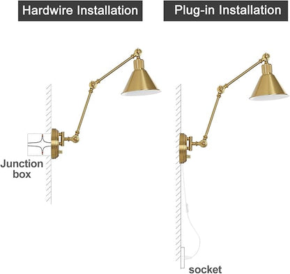 TRLIFE Wall Sconce Plug in, Brushed Brass Dimmable Wall Sconce Swing Arm Wall Lights Plug in Wall Mounted Light with 6FT Plug in Cord, E26 Base, UL Listed(1 Pack)