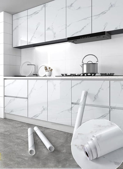 Glossy Marble Paper Granite Gray/White Wallpaper Peel and Stick Wallpaper Self Adhesive Removable Wallpapers 23.6″ ×197″ Waterproof Countertop Paper for Cabinet Countertop Furniture Kitchen Viny Film