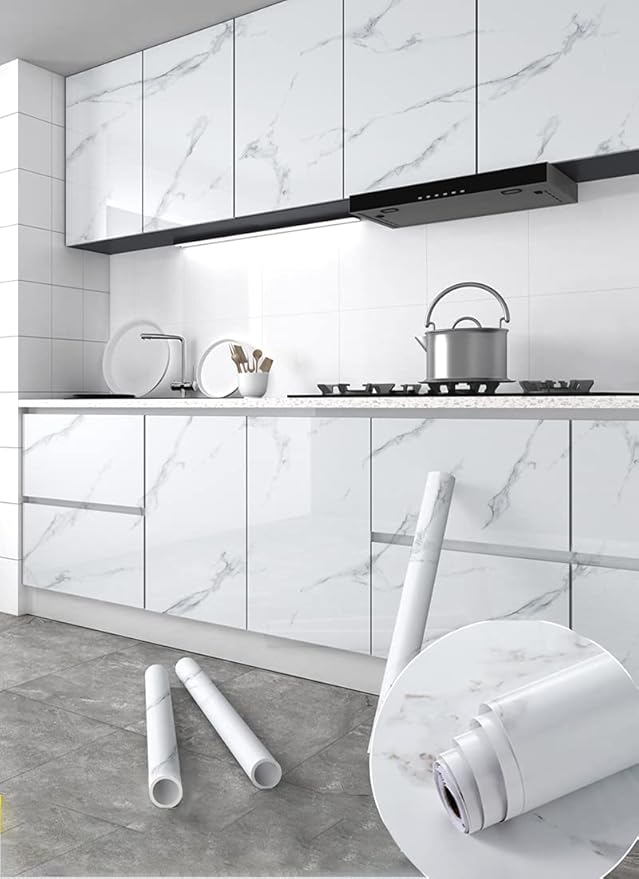 Glossy Marble Paper Granite Gray/White Wallpaper Peel and Stick Wallpaper Self Adhesive Removable Wallpapers 15.8″ ×197″ Waterproof Countertop Paper for Cabinet Countertop Furniture Kitchen Viny Film