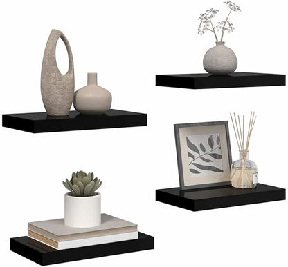 Set of 4 High Gloss Black Honeycomb MDF Floating Wall Shelves Modern Display Storage for Home Office Decor